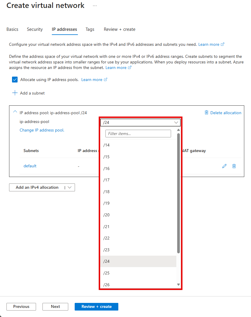 Screenshot of Create virtual network window with IP address size selection.