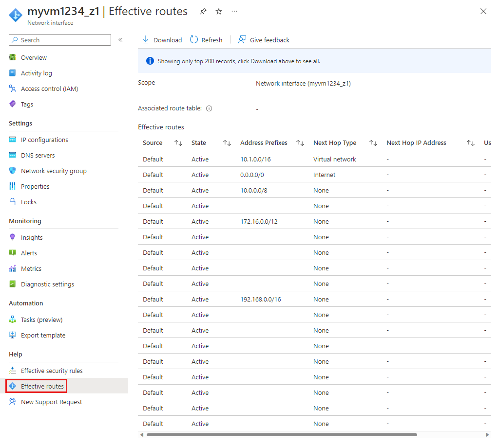 Screenshot of the effective routes for a network interface.