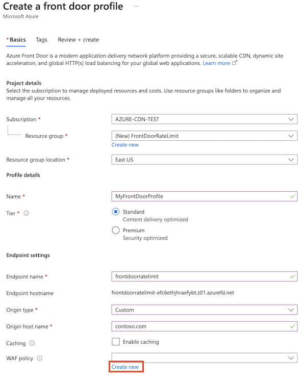 Screenshot that shows the Azure Front Door creation workflow, with the WAF policy Create new button highlighted.