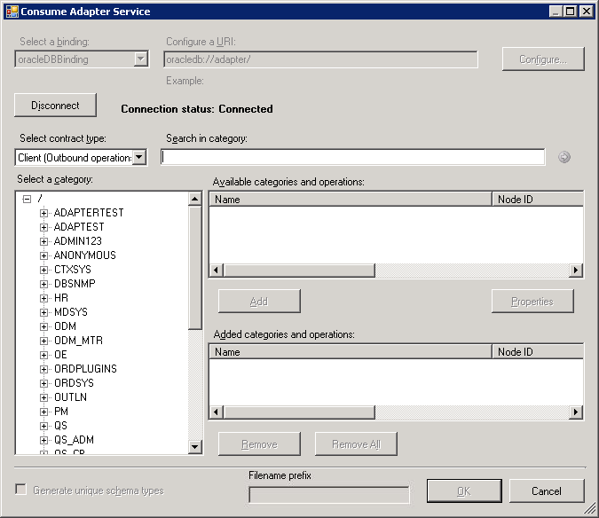 Consume Adapter Service dialog box connected