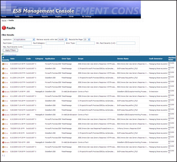 Screenshot showing the Faults page of the ESB Management Portal.