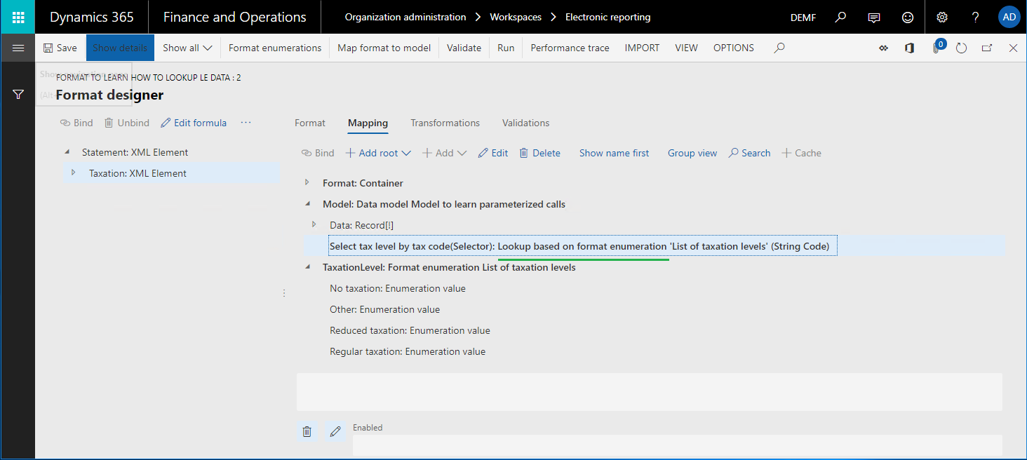 Muodon suunnittelutoiminto: Verotuksen XML-elementti