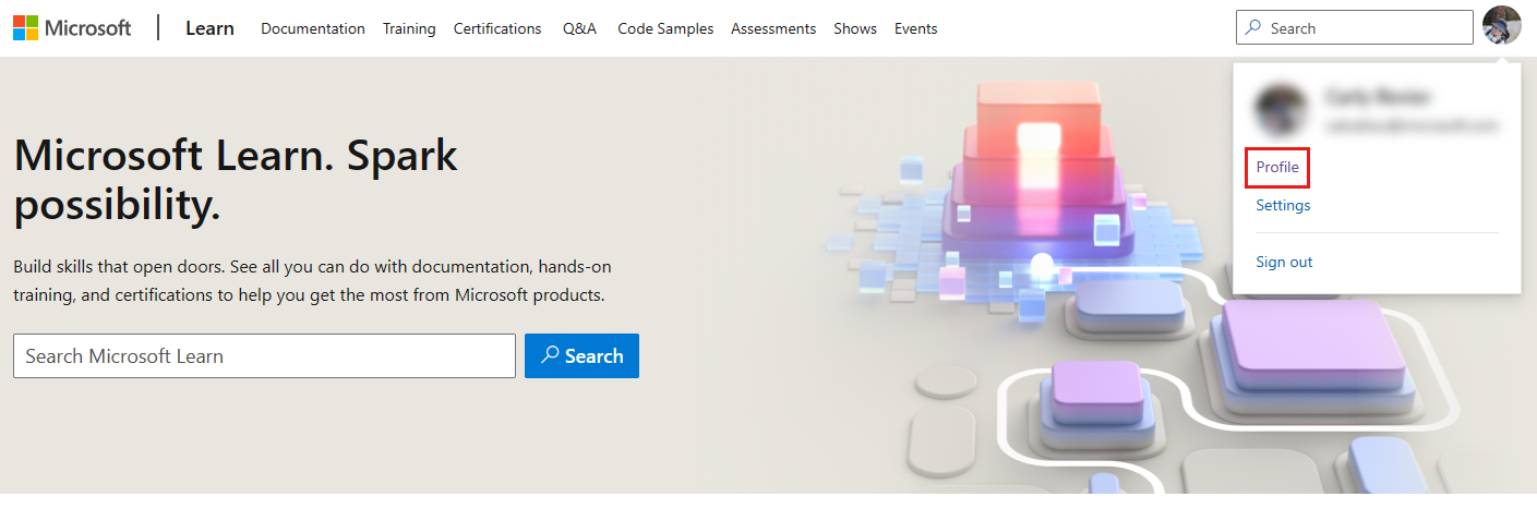 Näyttökuva Microsoft Learn -aloitussivusta, jossa näkyy profiilien avattava valikko.