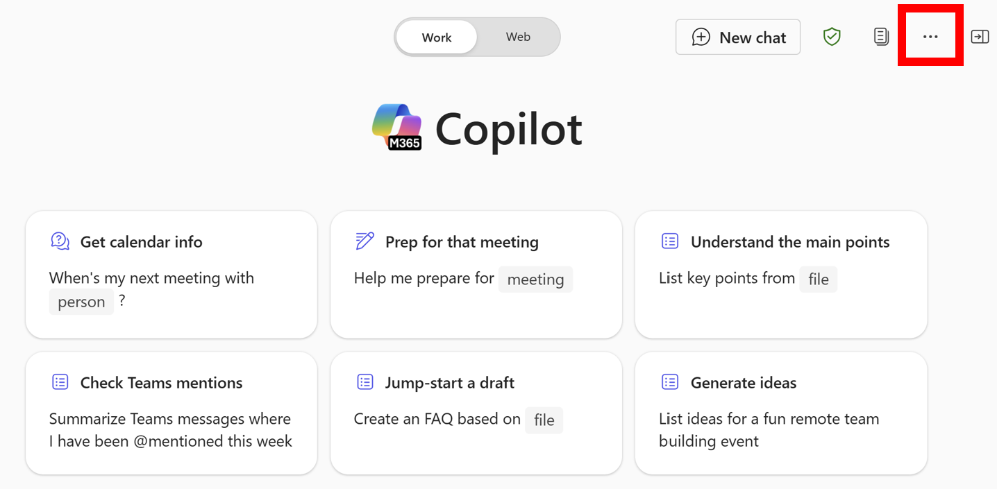 Näyttökuva Microsoft 365 Copilot Työ-välilehdestä. Oikeassa yläkulmassa oleva valikkovaihtoehto näkyy korostettuna punaisella ruudulla.