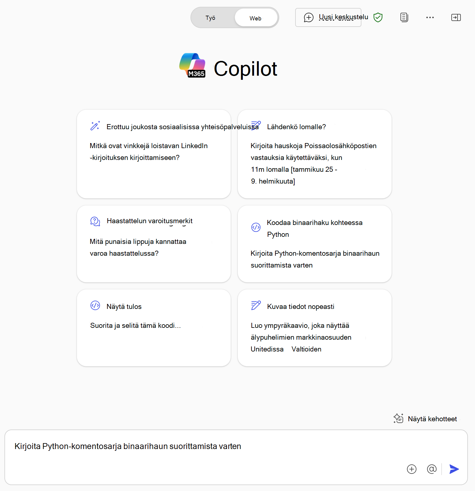 Näyttökuva, jossa näkyy Microsoft 365 Copilot Chat ja mallikehotteita, jotka saavat tietoja Internetistä verkkopohjaisen keskustelun avulla.