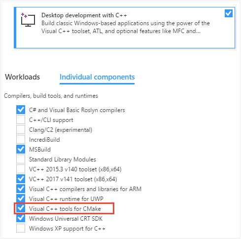 Screenshot of the Visual Studio Installer. The Individual components tab is selected on which Visual C plus plus tools for CMake is selected.