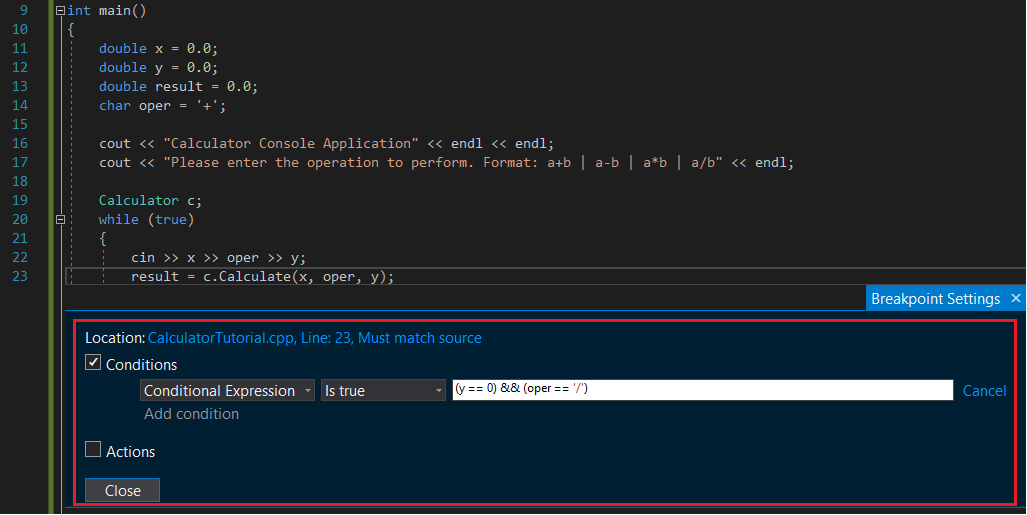 Screenshot showing the conditional breakpoint window.