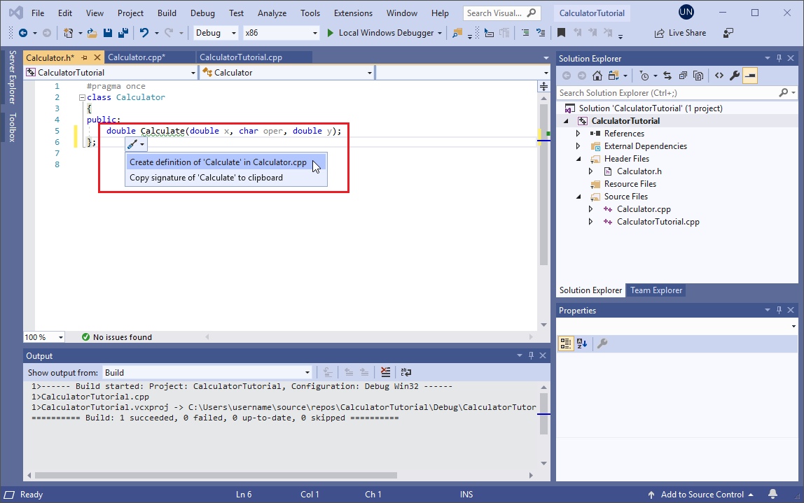 Screenshot of a screwdriver dropdown in the Visual Studio editor window. The option 'Create definition of Calculate in Calculator.cpp' is highlighted.