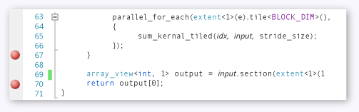 CPU breakpoints marked next to lines of code in the editor.