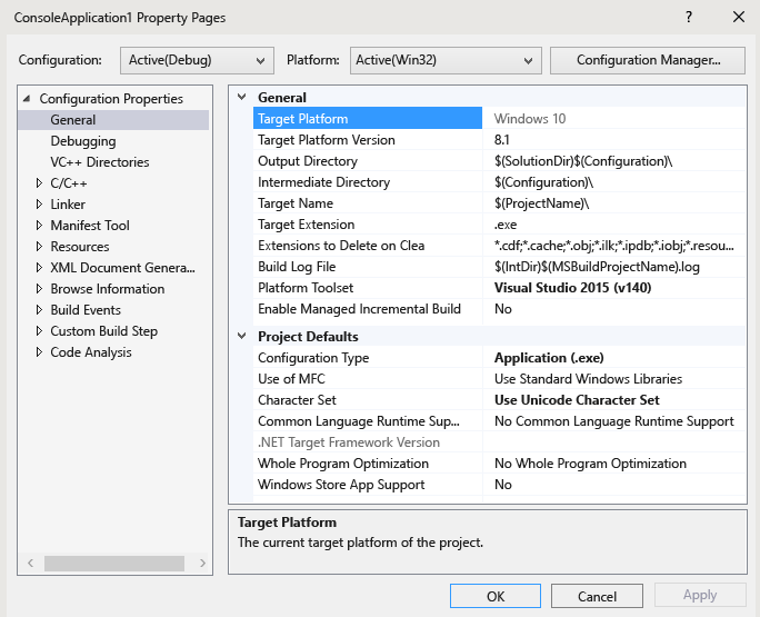 Target Platform property in the Property Pages dialog.