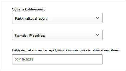 Näyttökuva, jossa näytetään, miten voit määrittää sovelluksen käyttösuodattimet ja aloituspäivämäärän käyttöilmoitusten lisäämiselle.