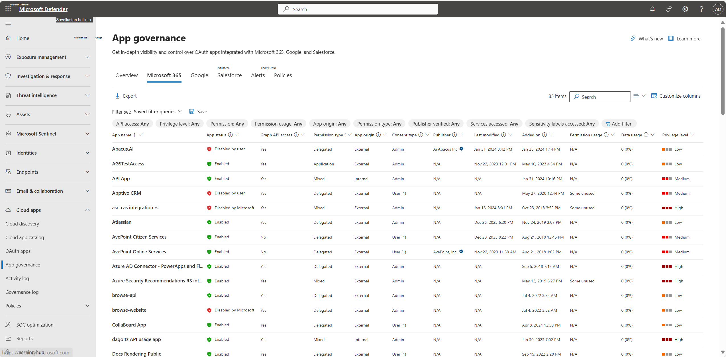 Näyttökuva sovellusten Azure AD-välilehdestä Sovelluksen hallinta -sivulla.