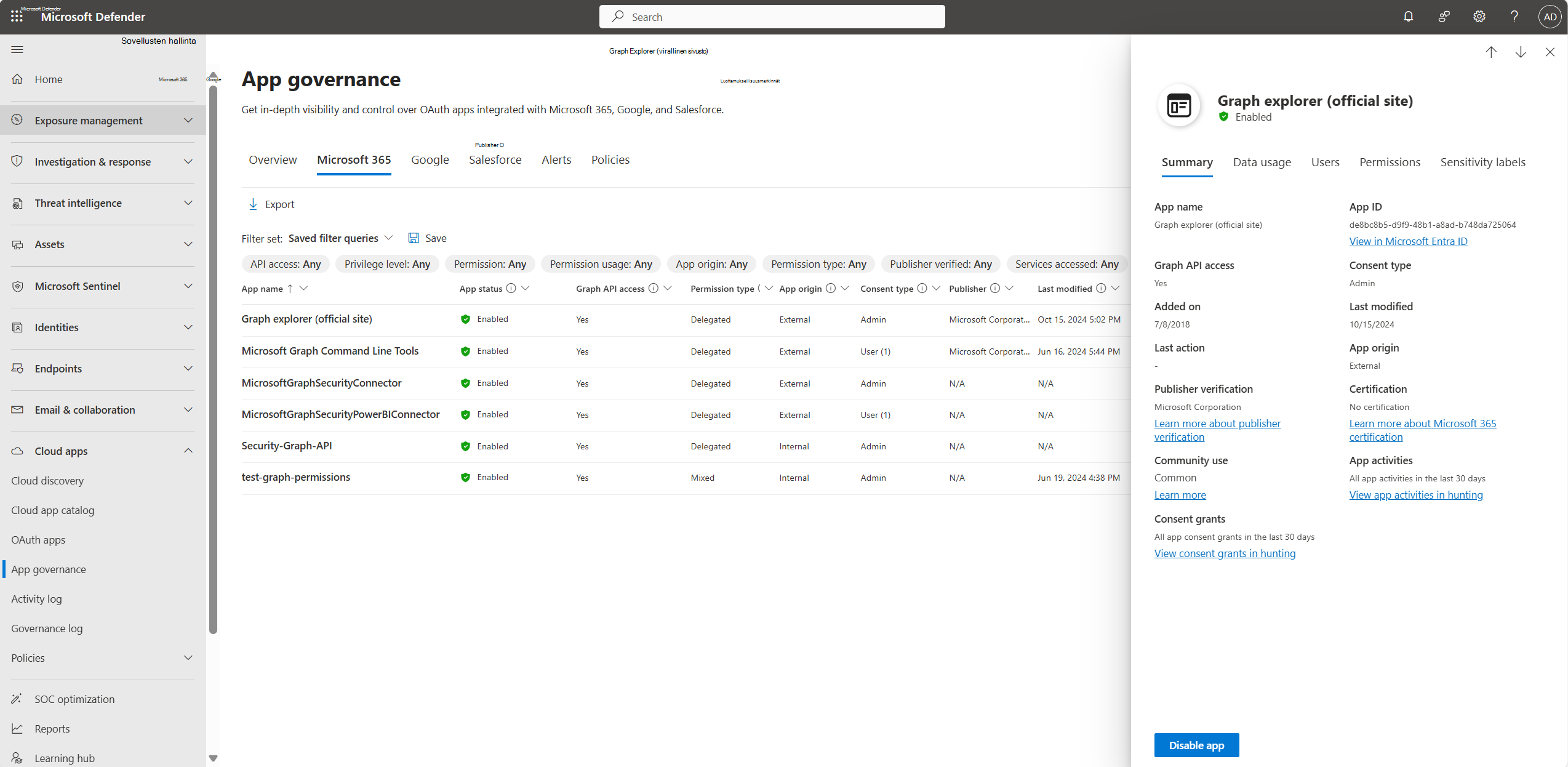 Näyttökuva sovelluksen tietoruudusta Azure AD välilehdellä.