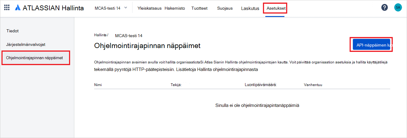 Atlassian-ohjelmointirajapinnan avaimet.