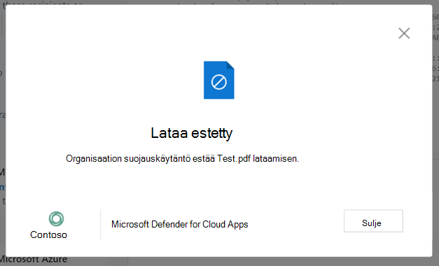 Näyttökuva latauksen estämästä viestistä.