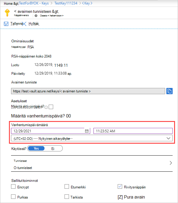 Näyttökuvassa näkyy avaimen vanhentumispäivämäärä.