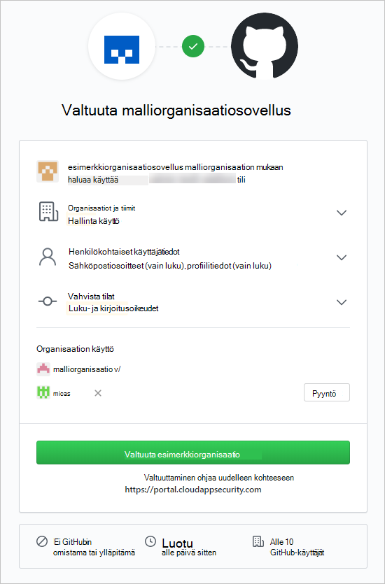 Näyttökuva github oauth -valtuutustoiminnosta.