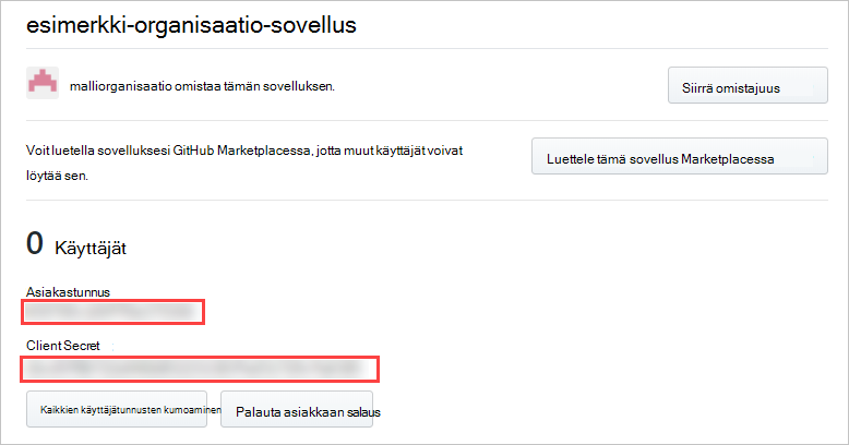 Näyttökuva, jossa näkyvät oauth-sovelluksen tiedot.