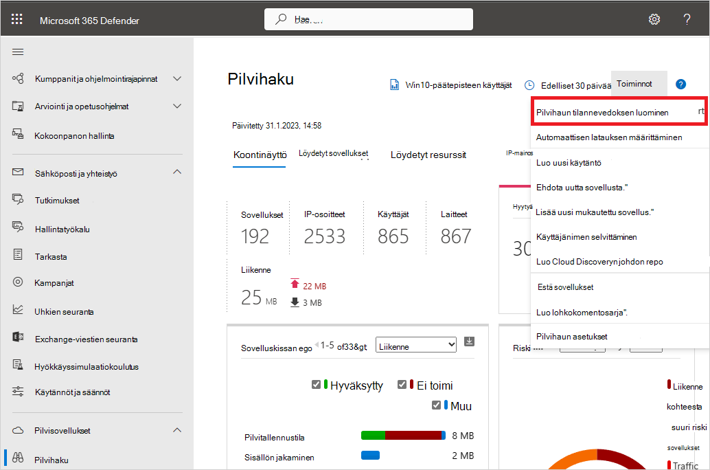 Näyttökuva Luo uusi tilannevedosraportti -vaihtoehdosta.