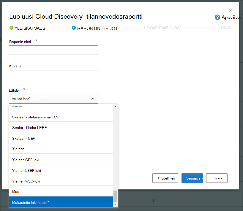 Näyttökuva Luo uusi pilvietsintä -tilannevedosraportin valintaikkunasta.