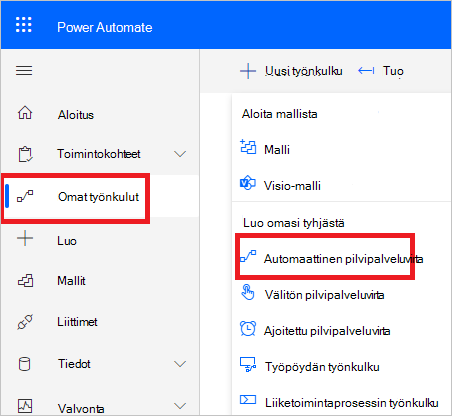 Power Automate luo uusi työnkulku.