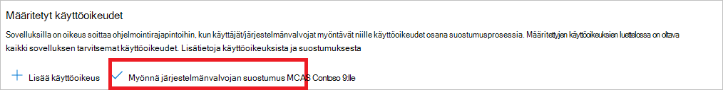 Näyttökuva järjestelmänvalvojan käyttöoikeuksien myöntämisestä.