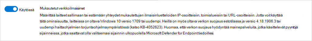 Näyttökuva, jossa näytetään, miten mukautetut verkkoilmaisimet otetaan käyttöön Defender for Endpointissa.