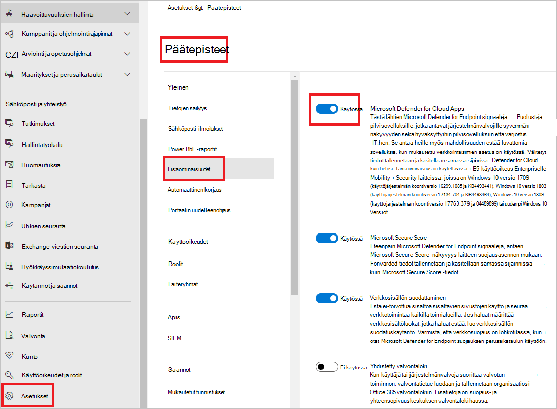 Näyttökuva Defender for Endpoint -asetuksista.