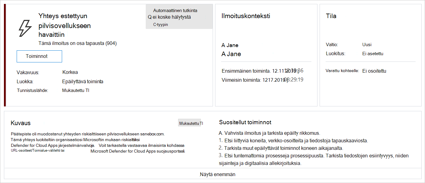 Näyttökuva, jossa näkyy Defender for Endpointin käyttämättömän sovelluksen ilmoitus.