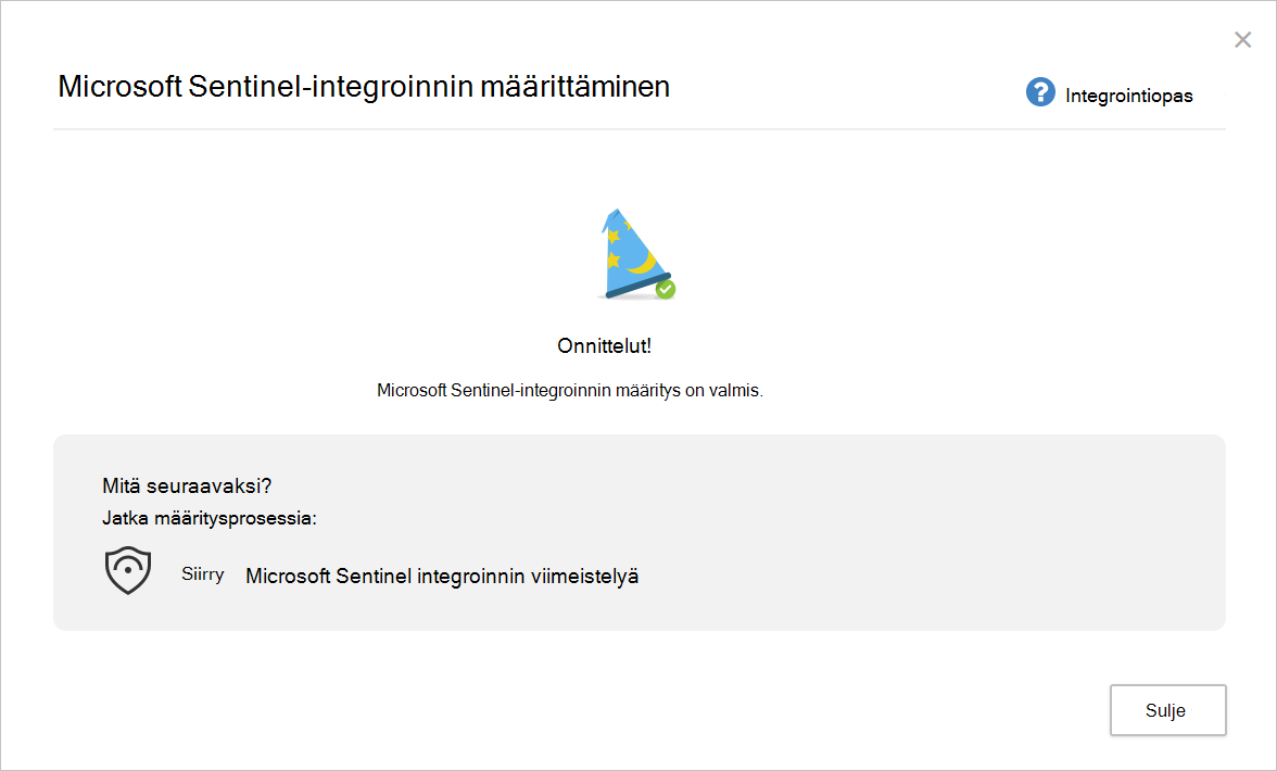 Näyttökuva, joka näyttää Microsoft Sentinel integroinnin määrittämisen päättymissivun.