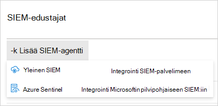 Näyttökuva, jossa näkyy Lisää SIEM-integrointi -valikko.