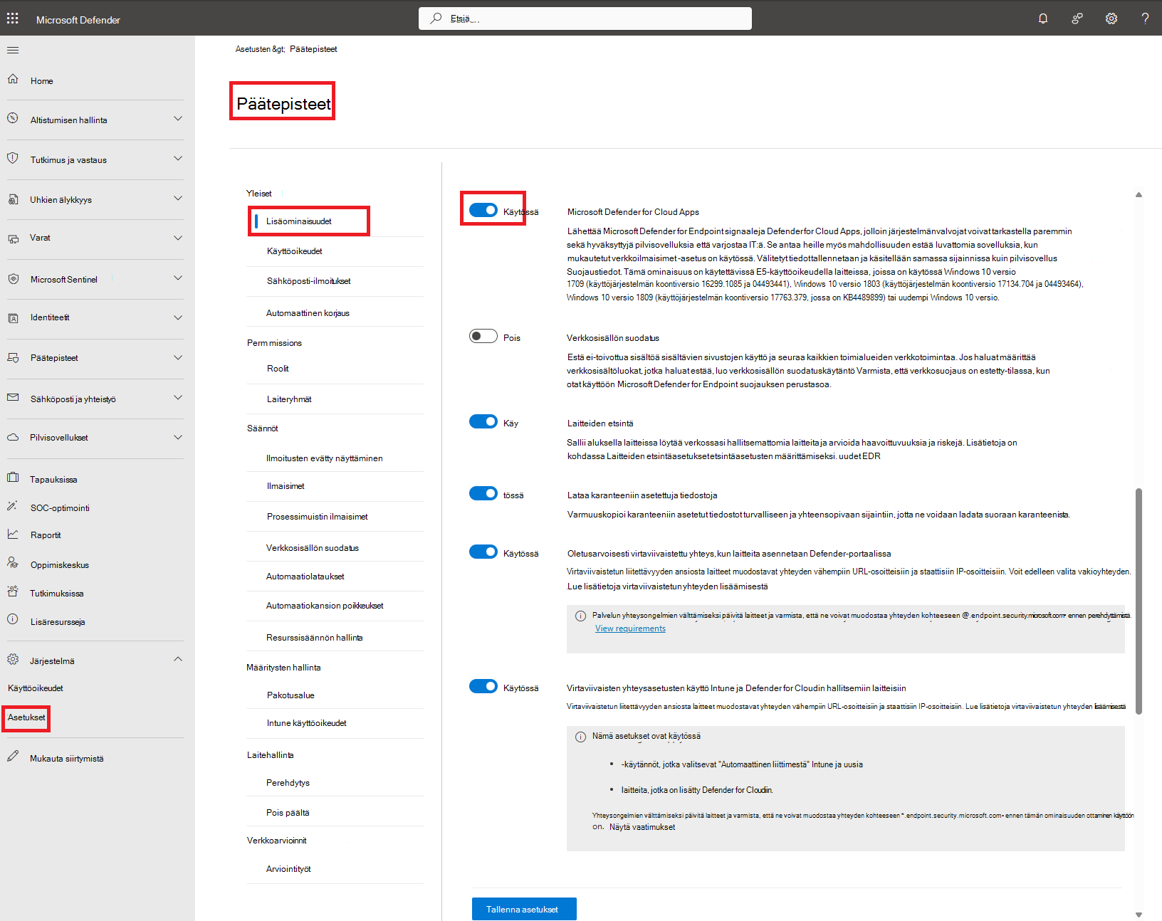 Näyttökuva Defender for Endpoint -asetuksista.
