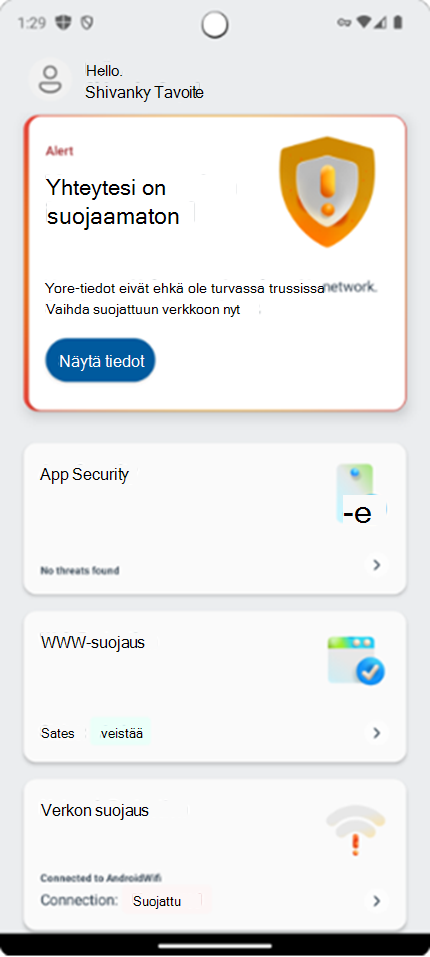 Näyttökuva, jossa näkyy käyttäjän koontinäyttö Microsoft Defender sovelluksessa.