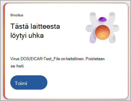 Näyttökuva, jossa näkyy suositus ryhtyä toimiin havaitun uhan torjumiseksi.