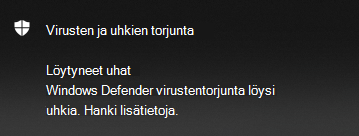 Microsoft Defender virustentorjuntauhkien löytymisilmoitus tarjoaa vaihtoehtoja tietojen hakemiseen