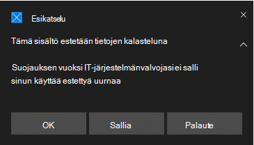 Näyttää verkkosuojauksen tietojenkalastelusisällön varoitusilmoituksen.