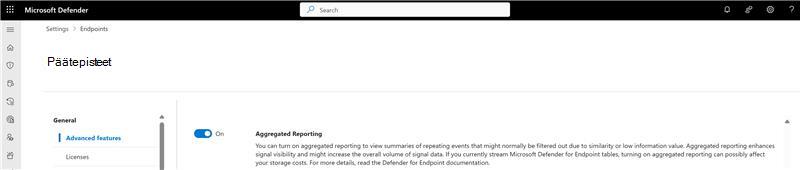 Näyttökuva koostetun raportoinnin kytkimestä Microsoft Defender portaalin asetussivulla.