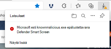 Näyttökuva, joka näyttää, miten SmartScreen havaitsee tiedoston latauksen, jolla on haitallinen maine; lataus on estetty.