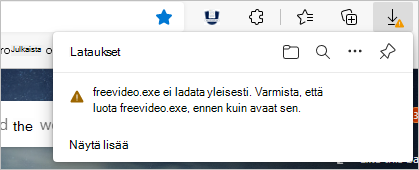 SmartScreen ei sisällä riittävästi mainetietoja lataustiedostosta, ja se varoittaa käyttäjää pysähtymästä tai jatkamasta varovasti.