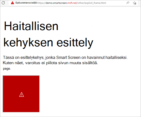 Esittely siitä, miten SmartScreen reagoi sivun kehykseen, jonka havaitaan olevan haitallinen. Vain haitallinen kehys on estetty