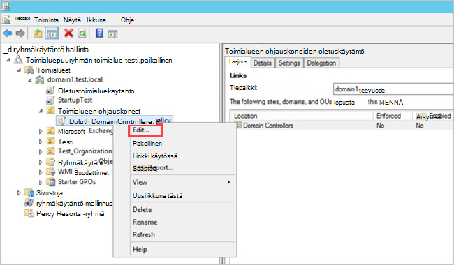 Screenshot of the pane for editing the default policy for domain controllers.