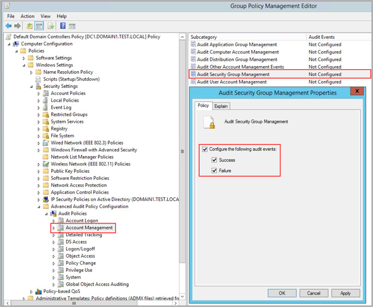 Screenshot of the Audit Security Group Management Properties dialog.