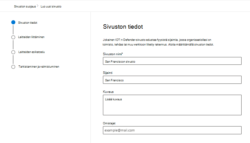 Näyttökuva, joka näyttää uuden sivuston luomisen tiedot IoT Microsoft Defender sivuston suojaussivulla Microsoft Defender portaalissa.