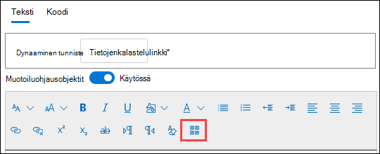Lisää QR-koodi -toiminto muotoilun ohjausobjekteihin uuden tietojen luomisen ohjatun toiminnon Tietojen määrittäminen -sivulla.