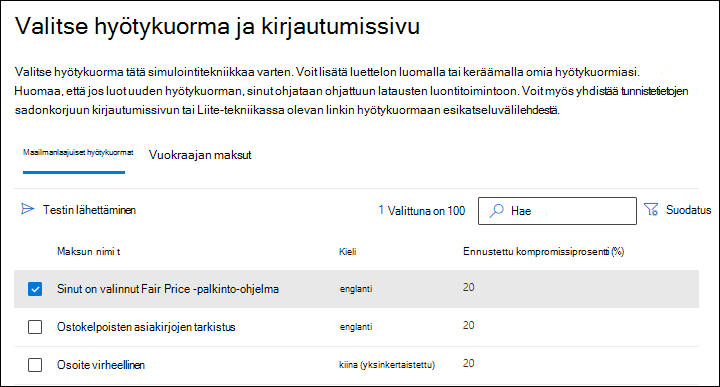 Valitse tiedot -sivun Yleiset tiedot -välilehti, jossa on valittuna hyötykuorma, ja Lähetä testi -toiminto Hyökkäyssimulaatiokoulutus.