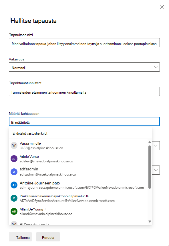 Näyttökuva, joka näyttää, miten omistaja määritetään Microsoft Defender portaalin Tapaus-ruudussa.