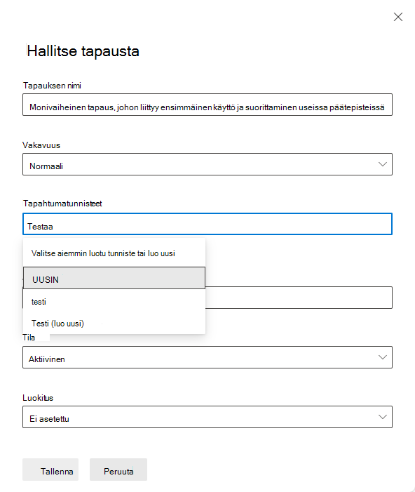 Näyttökuva, jossa näytetään, miten voit luoda tapaustunnisteen Tapausten hallinta -ruudussa.