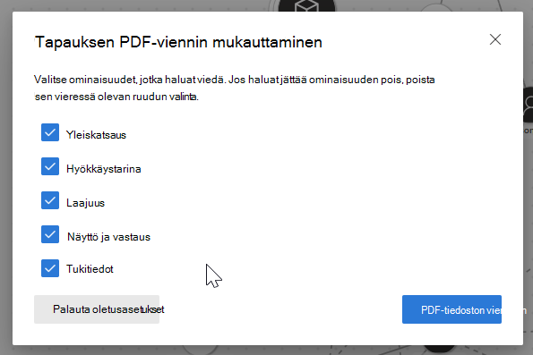 Näyttökuva, jossa näkyy korostettu vientitapaus PDF-muotoon -vaihtoehto.