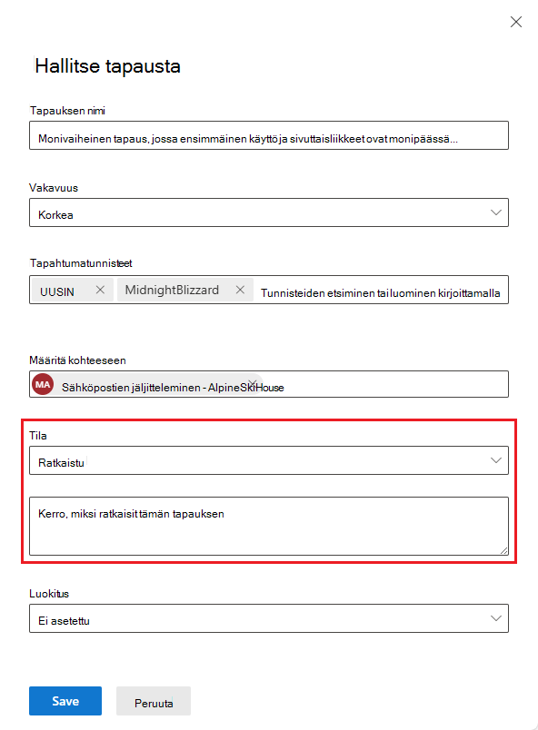 Näyttökuva tapausten hallintapaneelista, jossa on tapausten ratkaisuhuomautus.