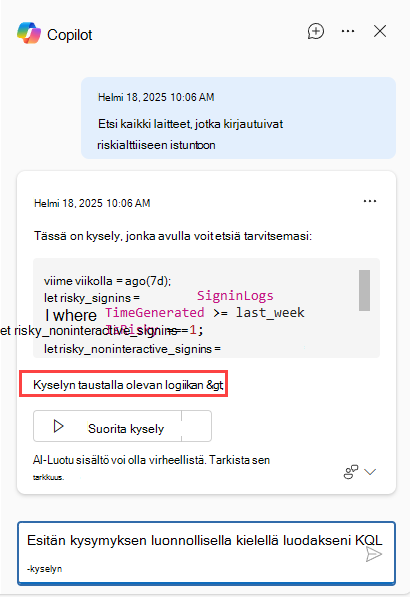 Näyttökuva Copilot-painikkeesta, joka näyttää Näytä kyselyn taustalla oleva logiikka.